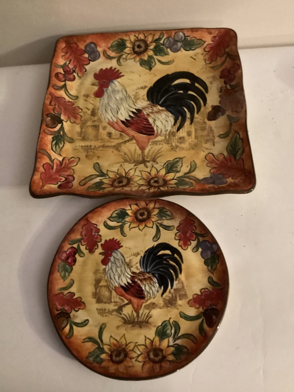 Set of 2 Maxcera Fall Rooster hand painted ceramic plates